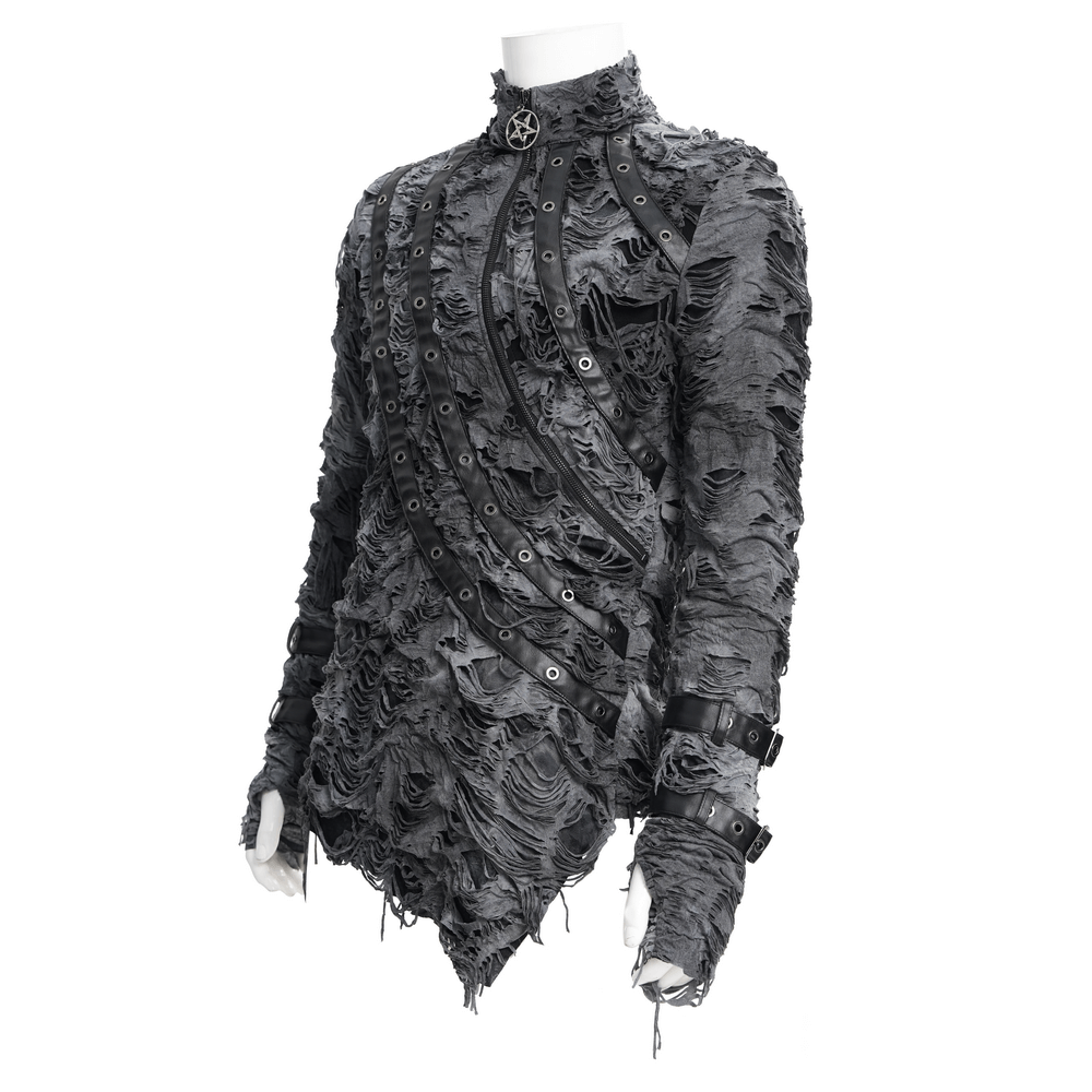 Gothic distressed long-sleeved sweatshirt with zippers and unique ripped design, perfect for edgy streetwear.