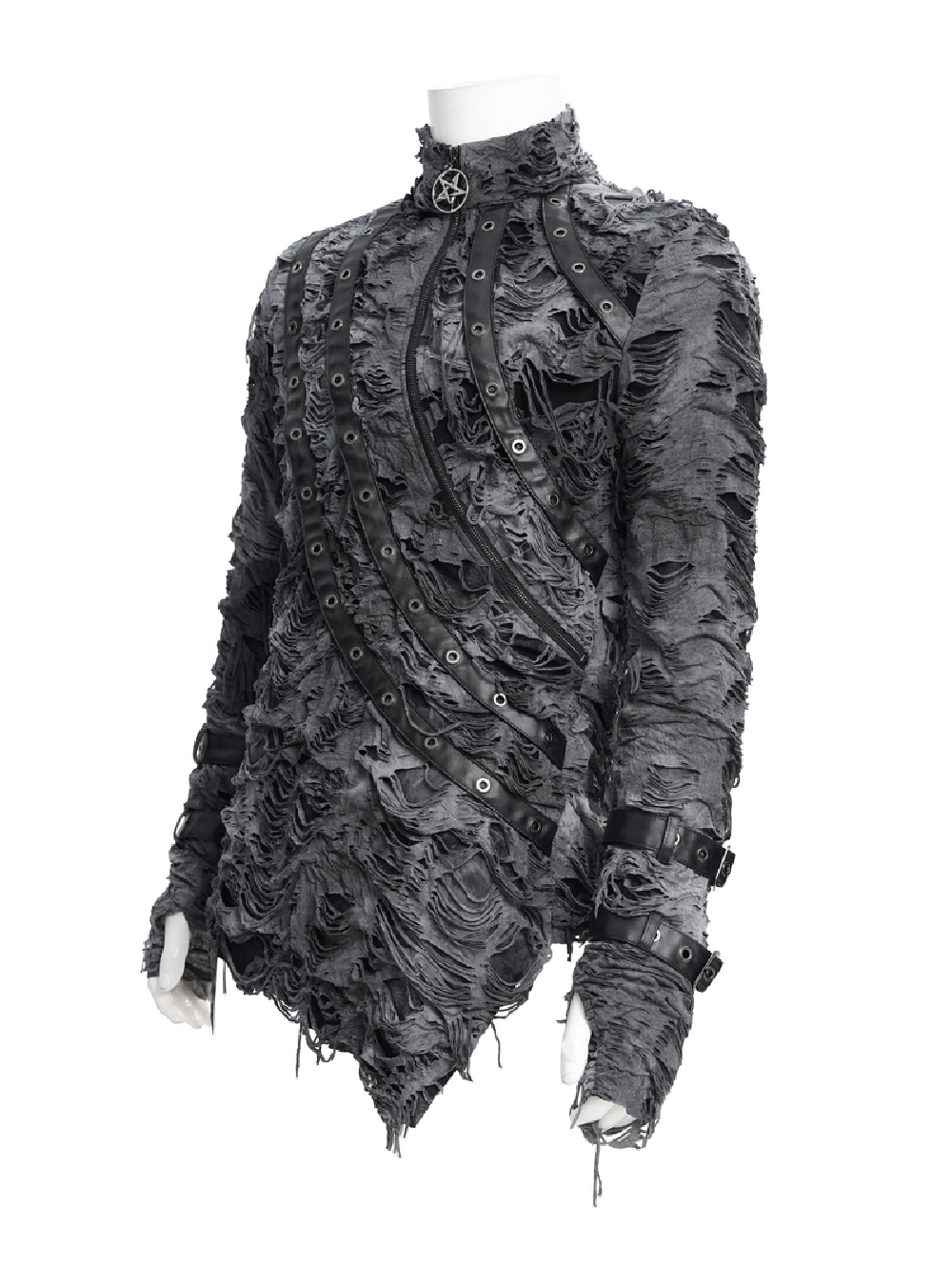 Gothic distressed long-sleeved sweatshirt with zippers and unique ripped design, perfect for edgy streetwear.