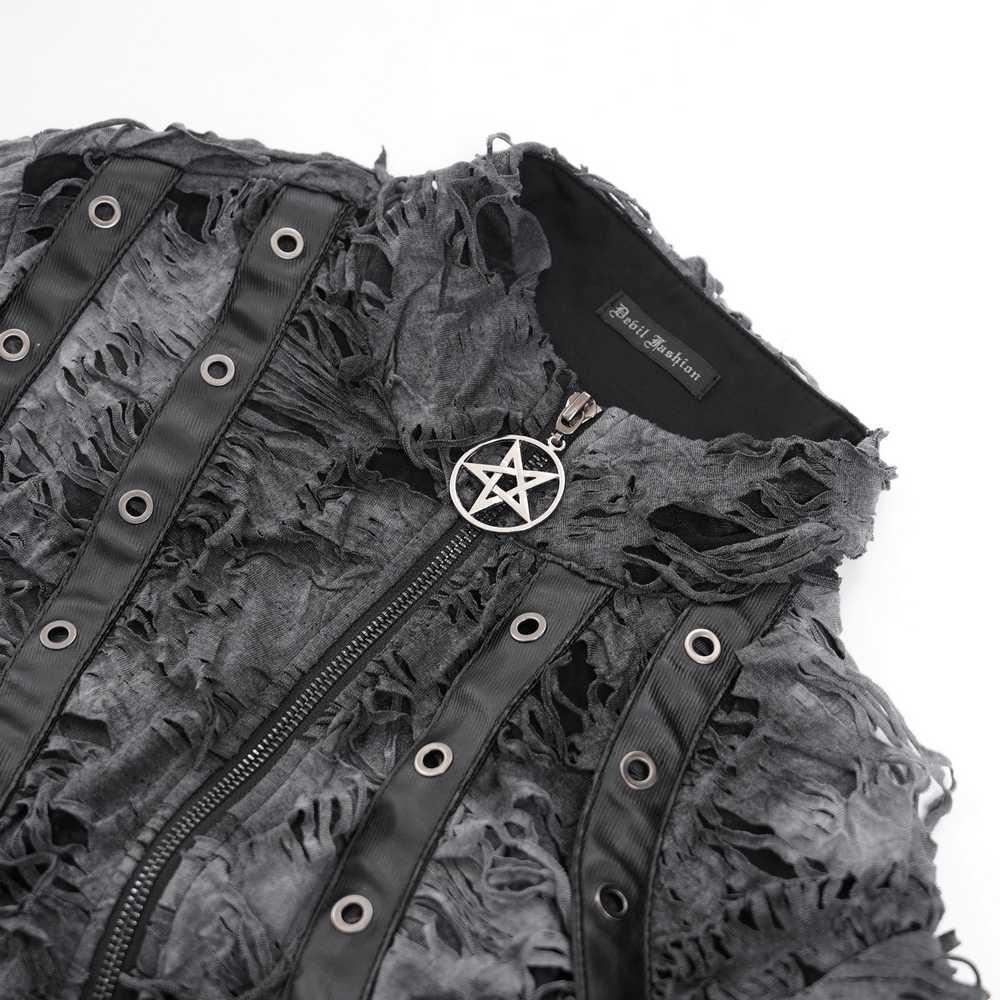 Gothic distressed long-sleeved sweatshirt with zippers and pentagram detail, showcasing a punk rock ripped design.