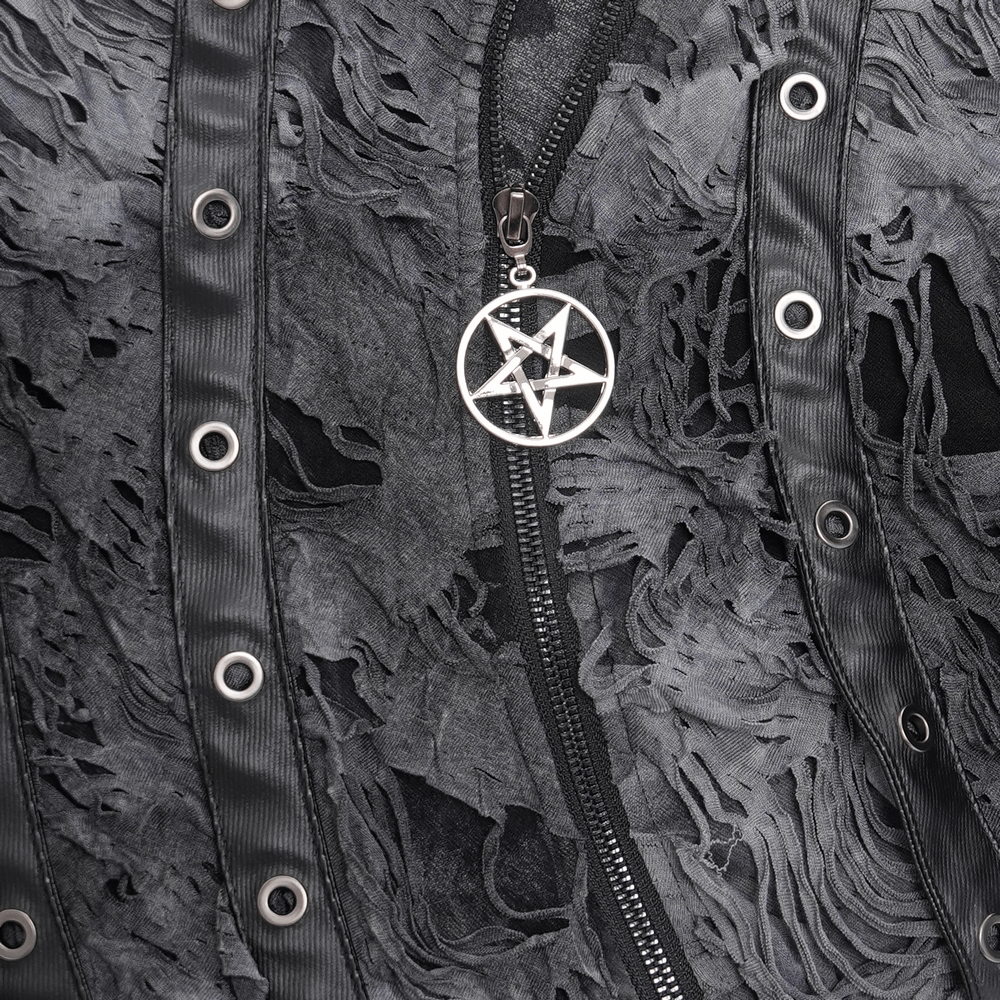 Close-up of gothic distressed sweatshirt with zippers, featuring a ripped design and pentagram detailing for edgy style.