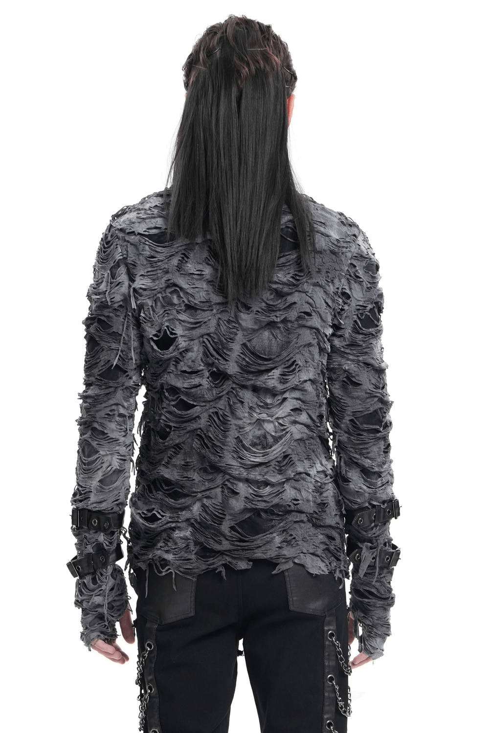 Back view of a gothic distressed long-sleeved sweatshirt with unique ripped design and dark aesthetic.