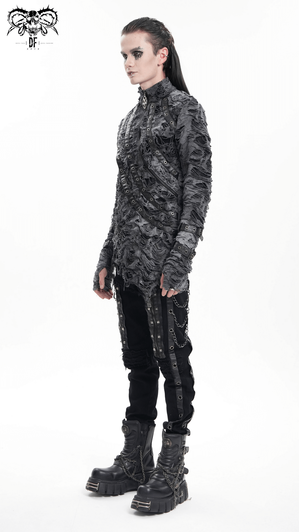 Gothic long-sleeved distressed sweatshirt with ripped design, paired with edgy black pants and chunky boots.