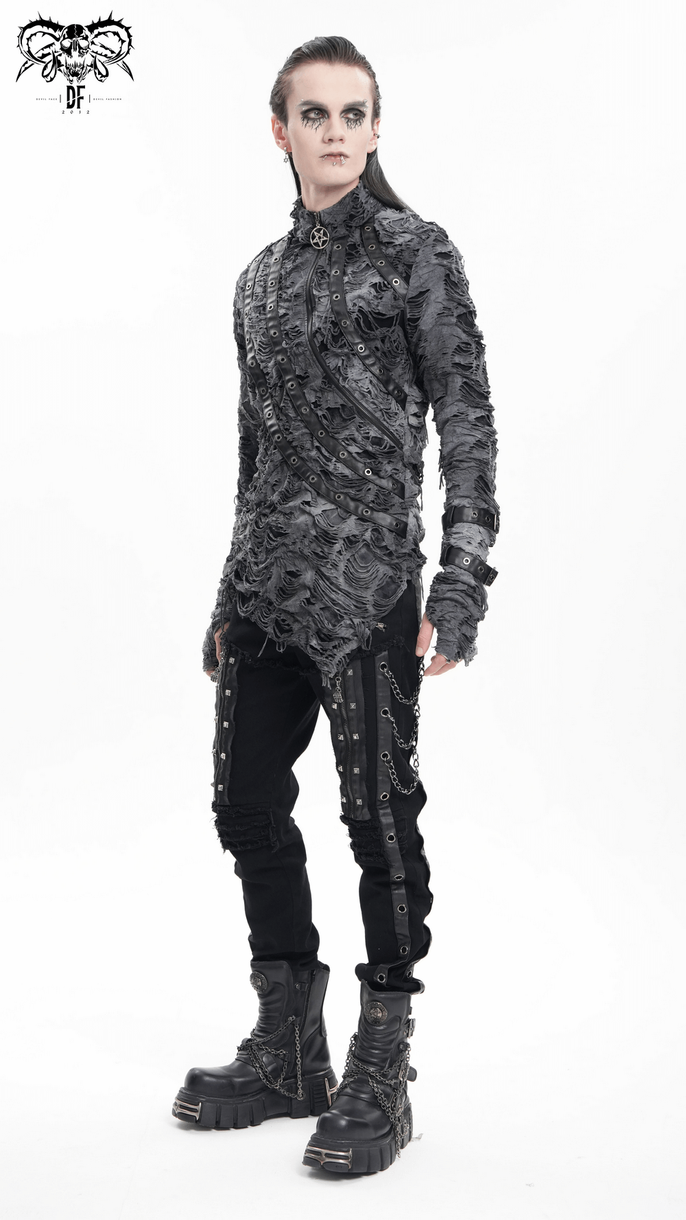 Gothic model in a distressed long-sleeved sweatshirt with zippers, showcasing edgy streetwear style and punk rock aesthetic.