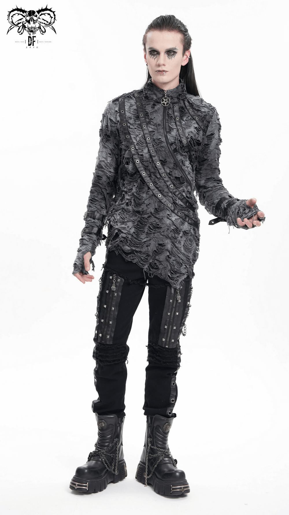 Gothic distressed long-sleeved sweatshirt with zippers, styled with punk rock aesthetics and edgy details.