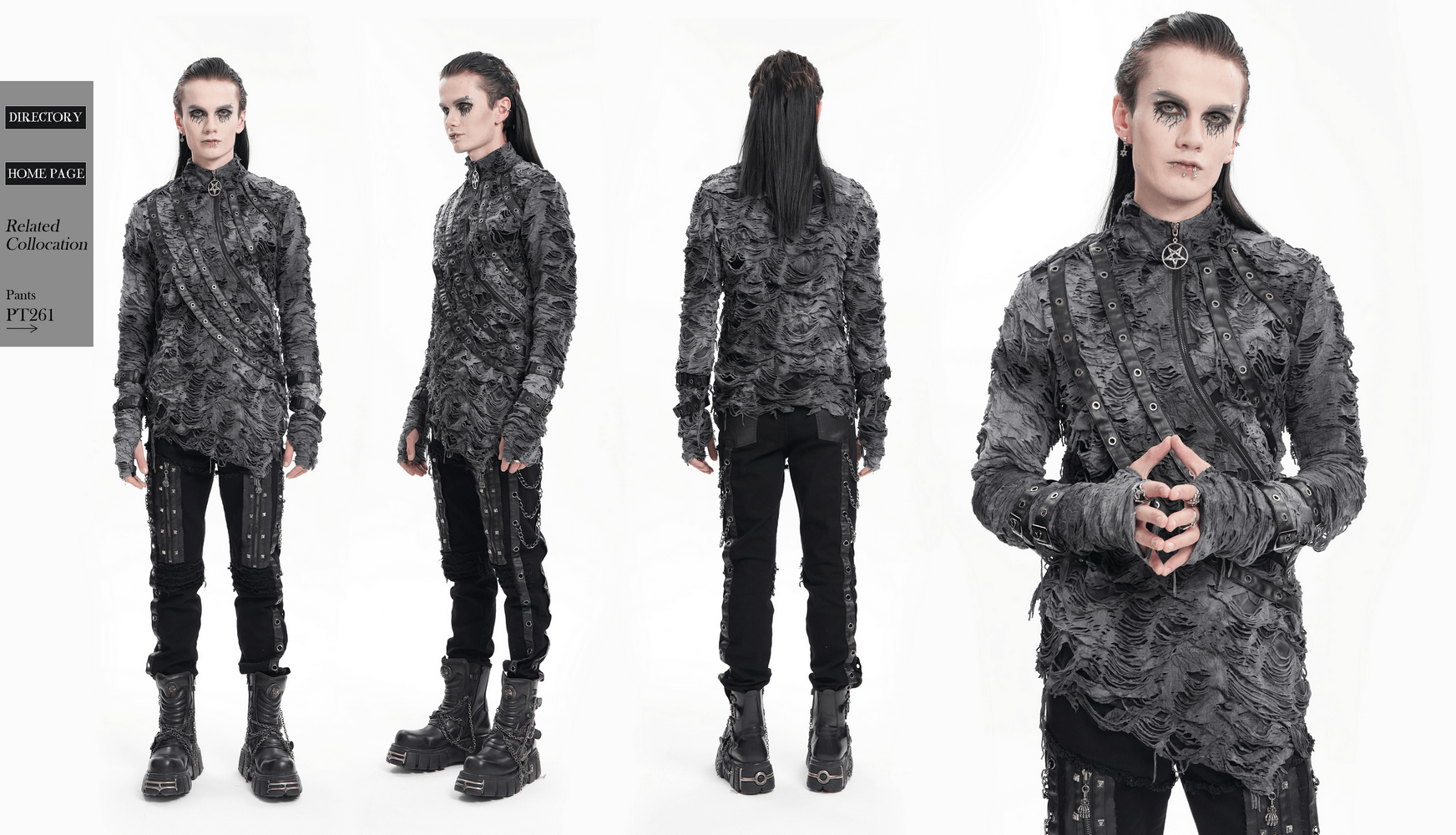 Gothic distressed long-sleeved sweatshirt with zippers, featuring a dark ripped design and edgy punk rock style.