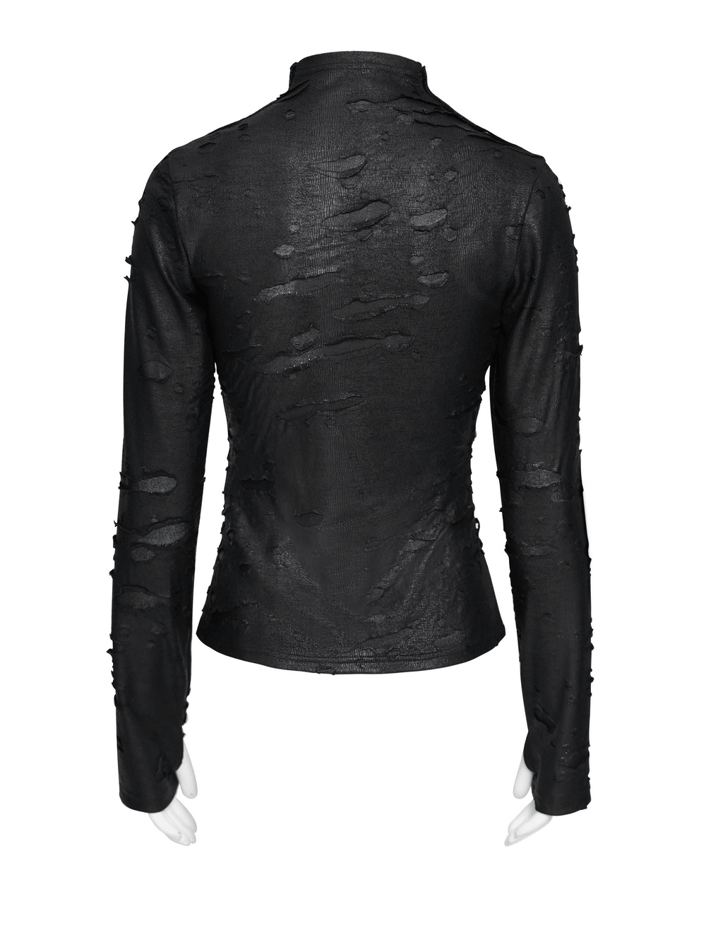Gothic Distressed Mesh Top with Harness Ring Details black sheer punk long sleeve back view