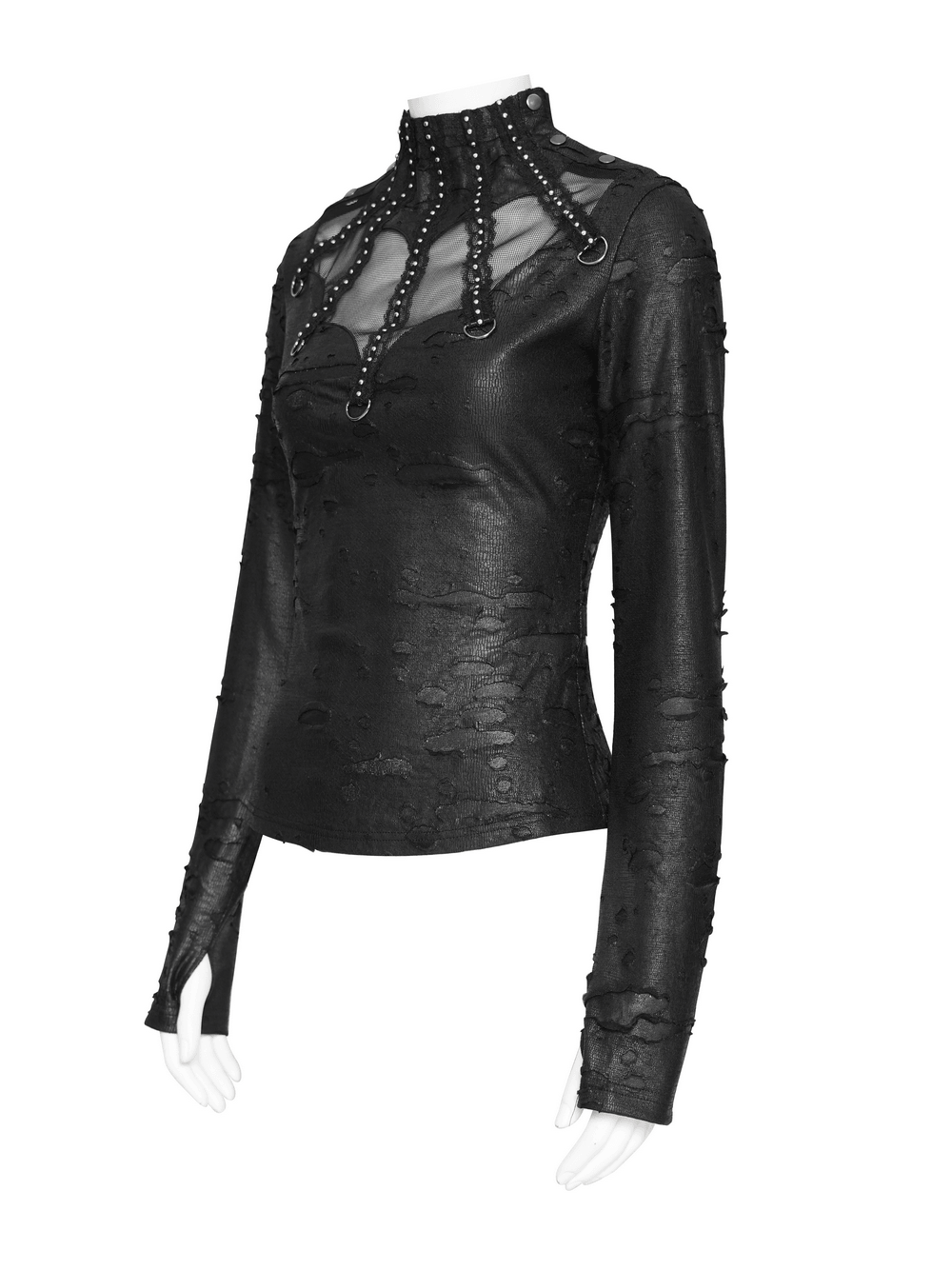 Gothic Distressed Mesh Top with Harness Ring Details, black punk top with sheer mesh and studded neckline
