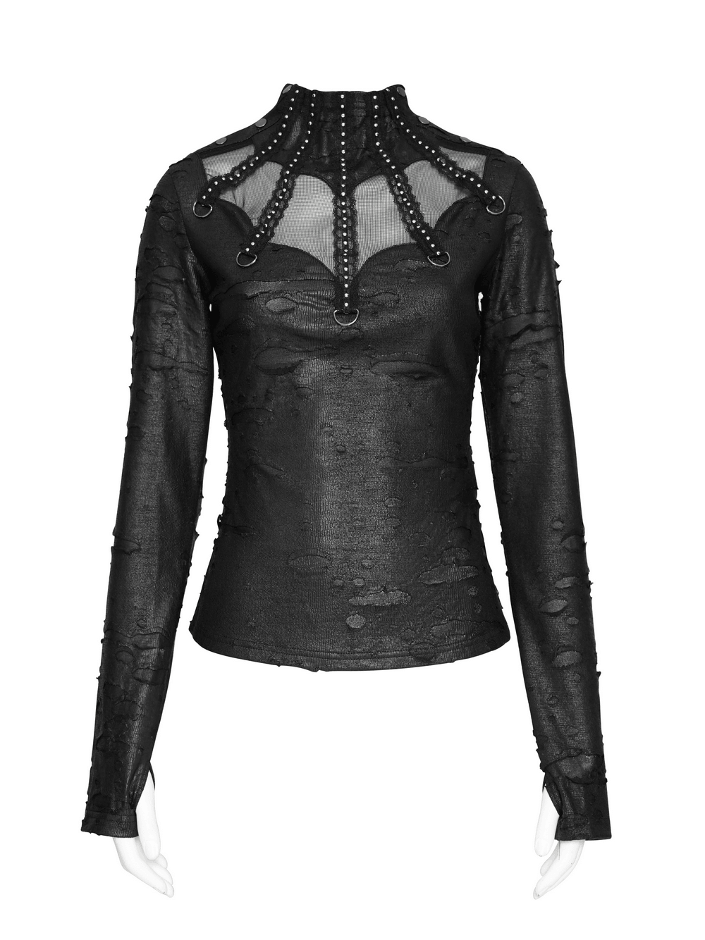 Gothic Distressed Mesh Top with Harness Ring Details, black punk wasteland long-sleeve shirt with studded neckline