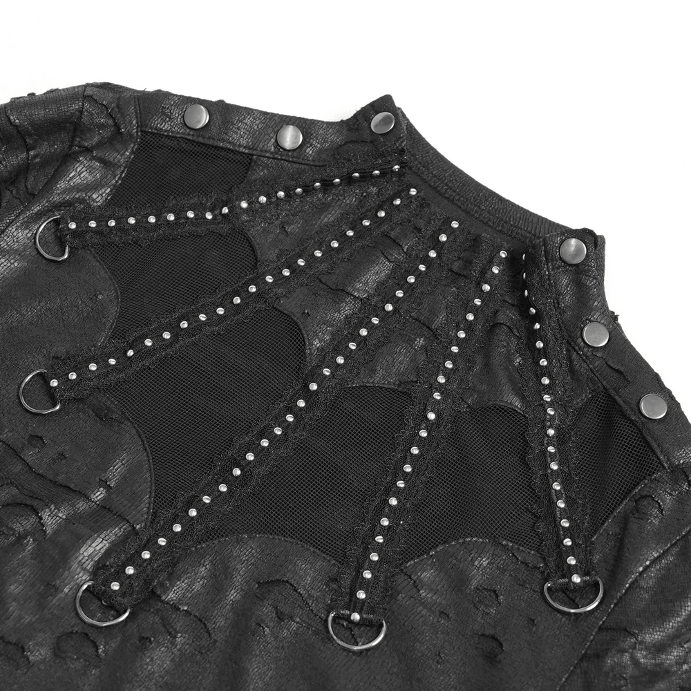 Gothic Distressed Mesh Top with Harness Ring Details black punk top with studded trim and sheer mesh panels