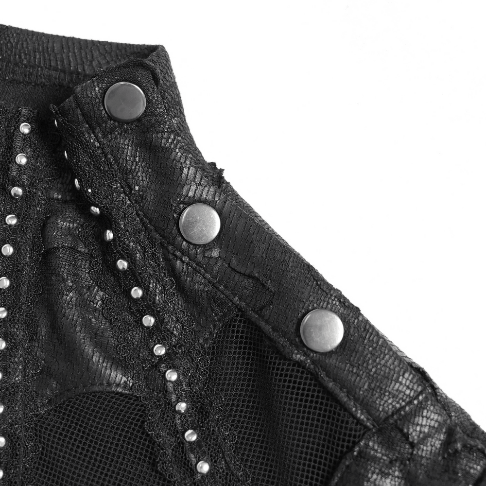 Gothic Distressed Mesh Top with Harness Ring Details black punk top with studded trim, mesh panels, and metal snaps