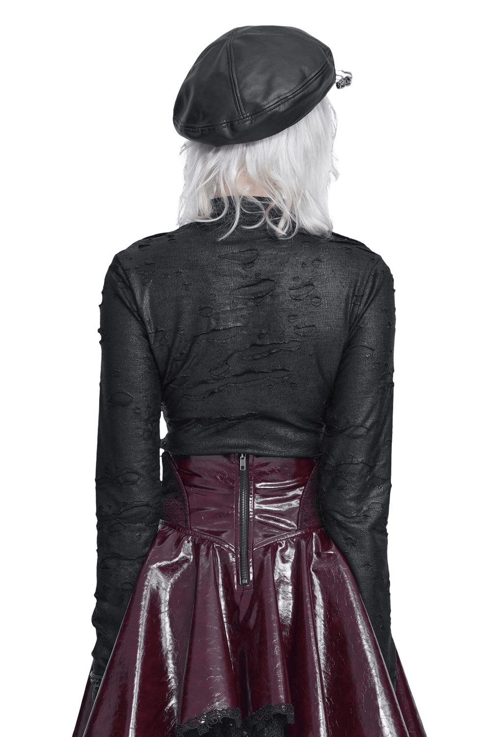 Gothic Distressed Mesh Top with Harness Ring Details, black punk shirt with ripped texture and long sleeves