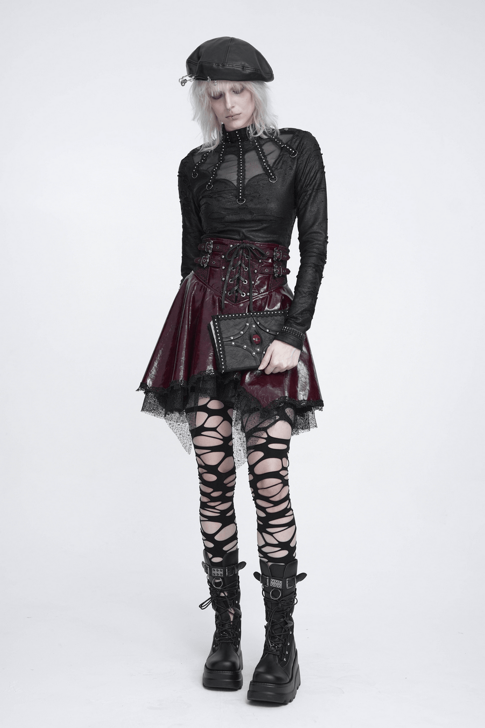 Gothic Distressed Mesh Top with Harness Ring Details black punk shirt with sheer mesh, studs, and O-rings