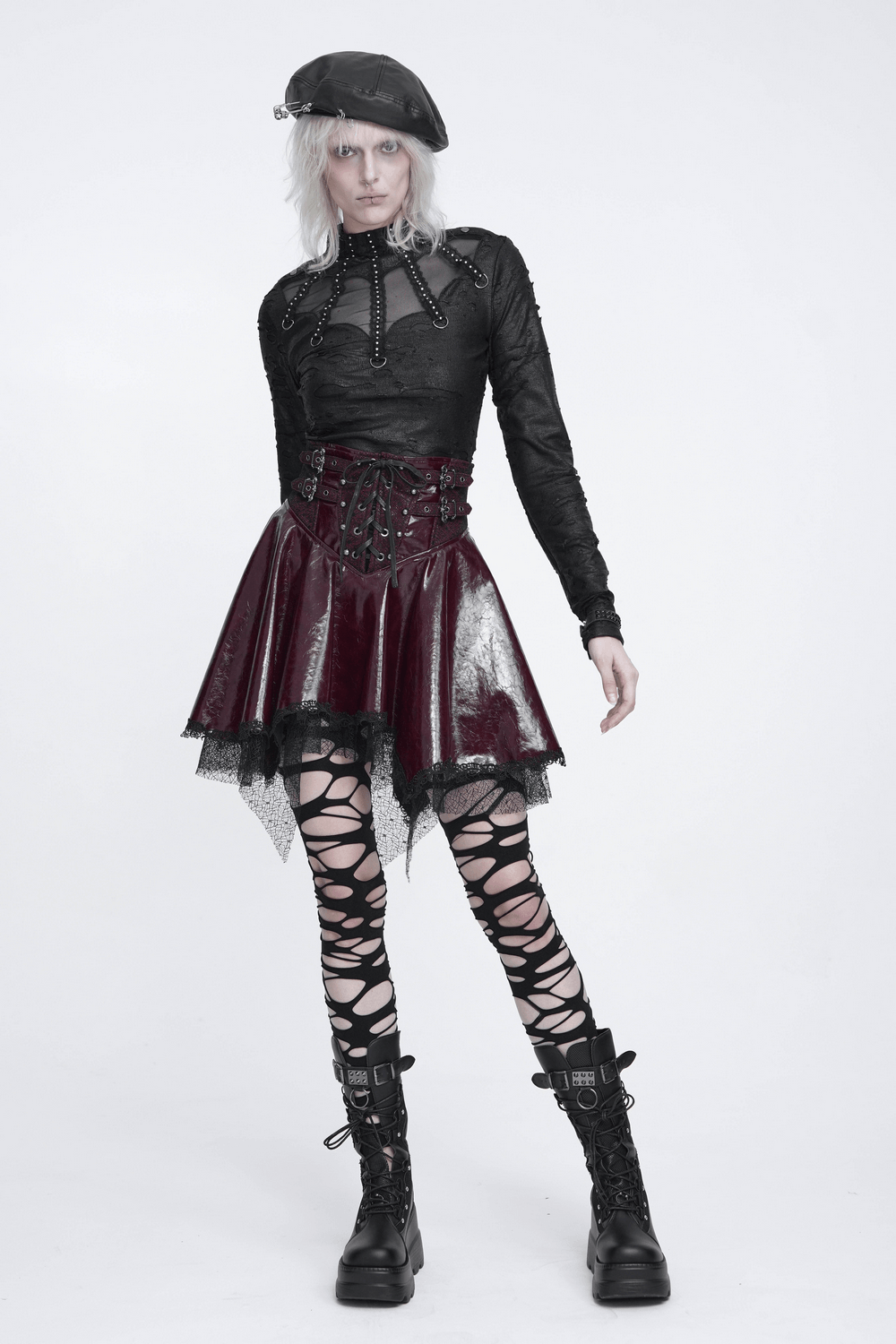 Gothic Distressed Mesh Top with Harness Ring Details black punk top with sheer panels, studded neckline and O-ring trim