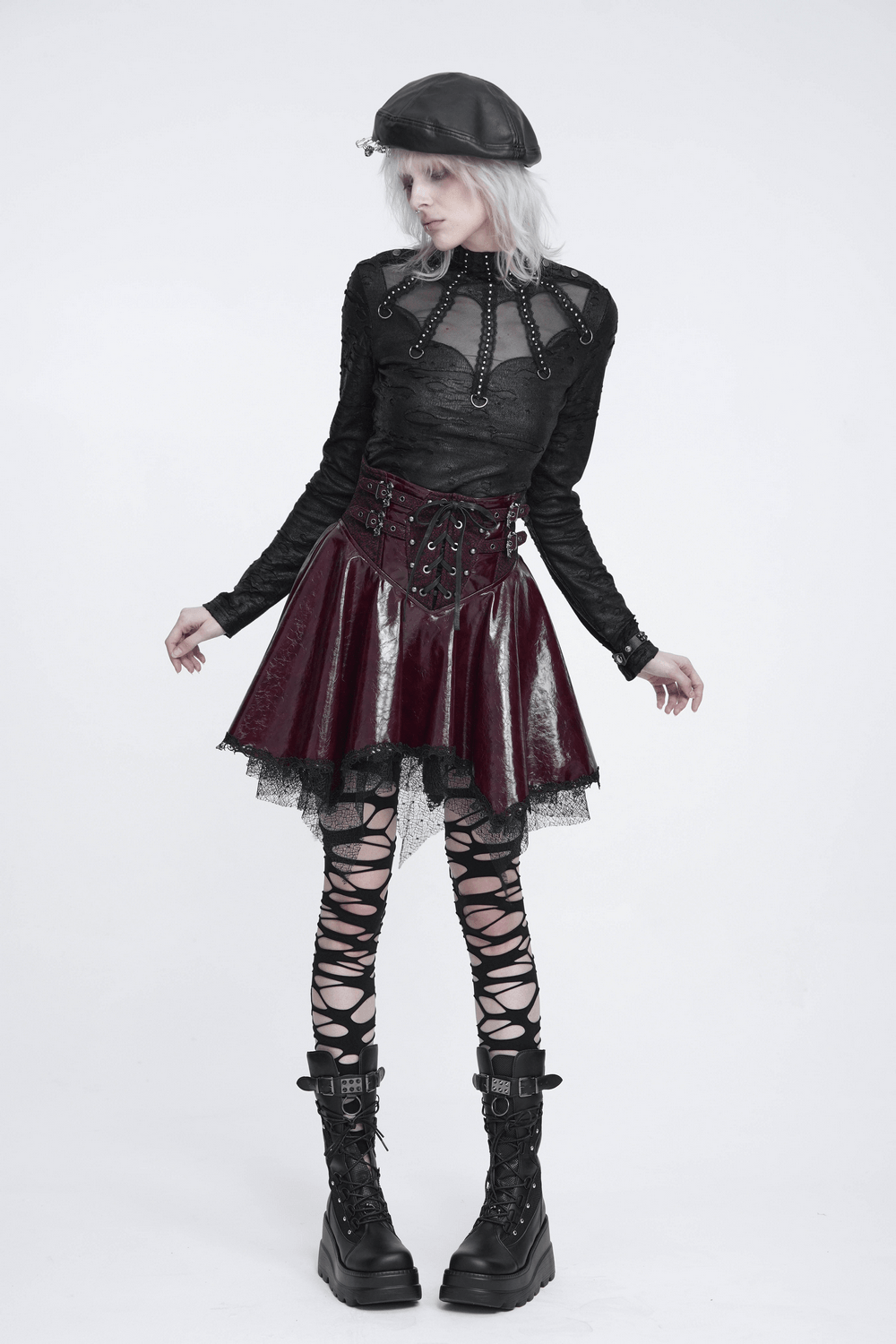 Gothic Distressed Mesh Top with Harness Ring Details, black punk wasteland top with sheer panels and studded neckline