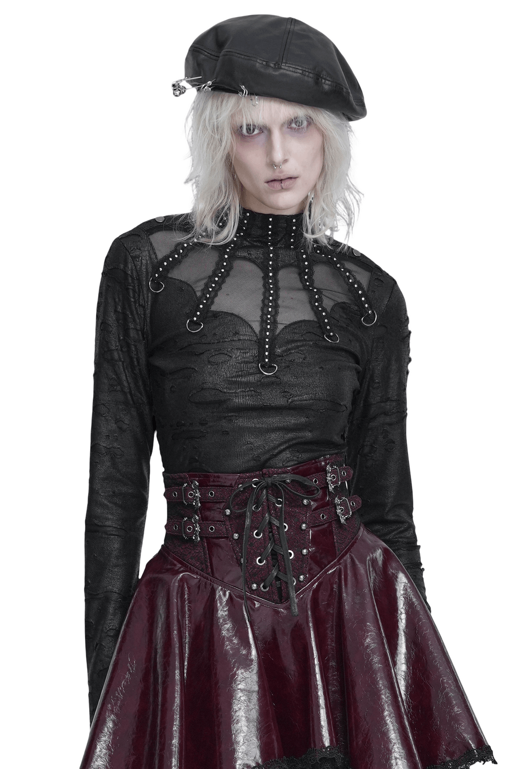 Gothic Distressed Mesh Top with Harness Ring Details black punk top with sheer mesh, studded trim, and O-ring accents