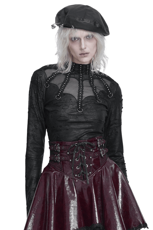 Gotisches Oberteil aus Netzstoff im Used-Look mit Harness-Ringdetails