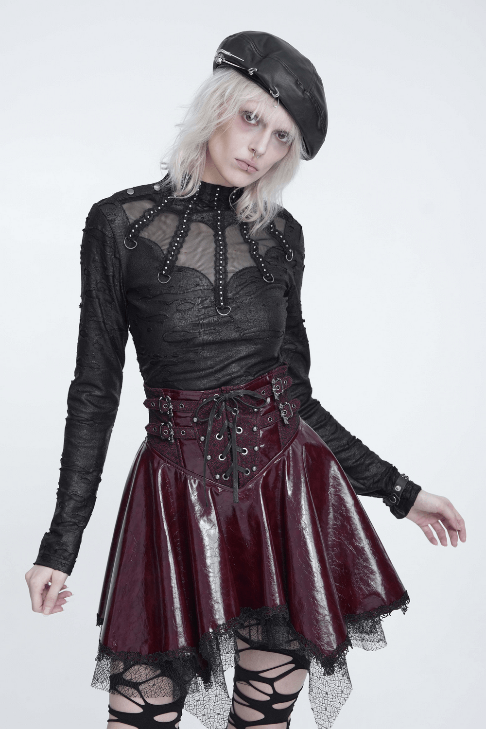 Gothic Distressed Mesh Top with Harness Ring Details black punk top with sheer mesh panels, studded trim, and industrial O-rings