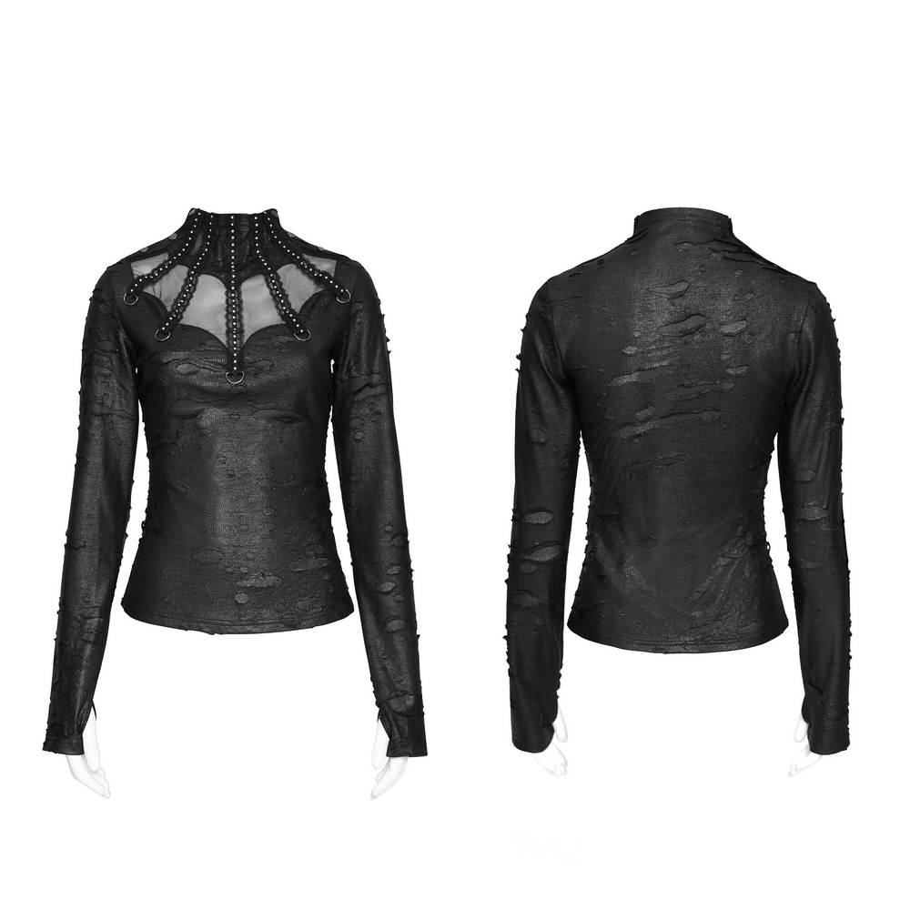 Gothic Distressed Mesh Top with Harness Ring Details black sheer punk shirt with studded neckline and long sleeves