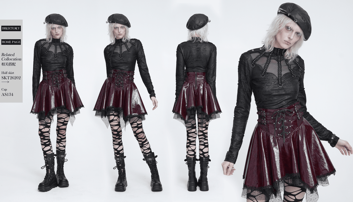 Gothic Distressed Mesh Top with Harness Ring Details, black punk top with sheer panels and studded neckline