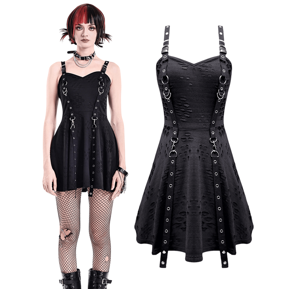 Gothic Distressed Mini Dress with Harness Straps and Rings black punk skater dress with eyelets, buckled straps and flared skirt