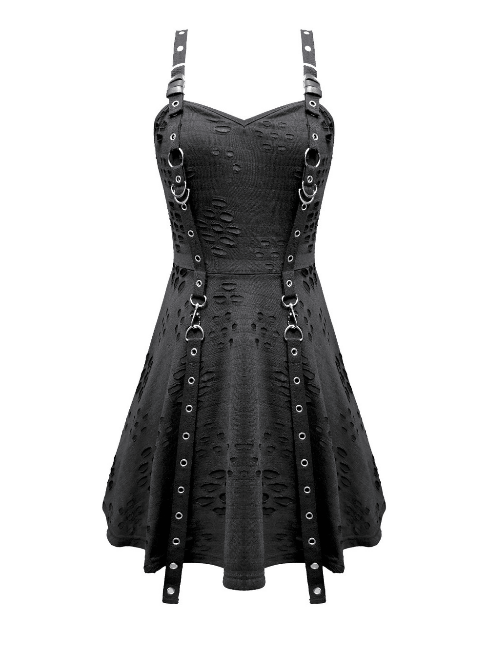 Gothic Distressed Mini Dress with Harness Straps and Rings, punk skater dress with metal eyelets and buckles