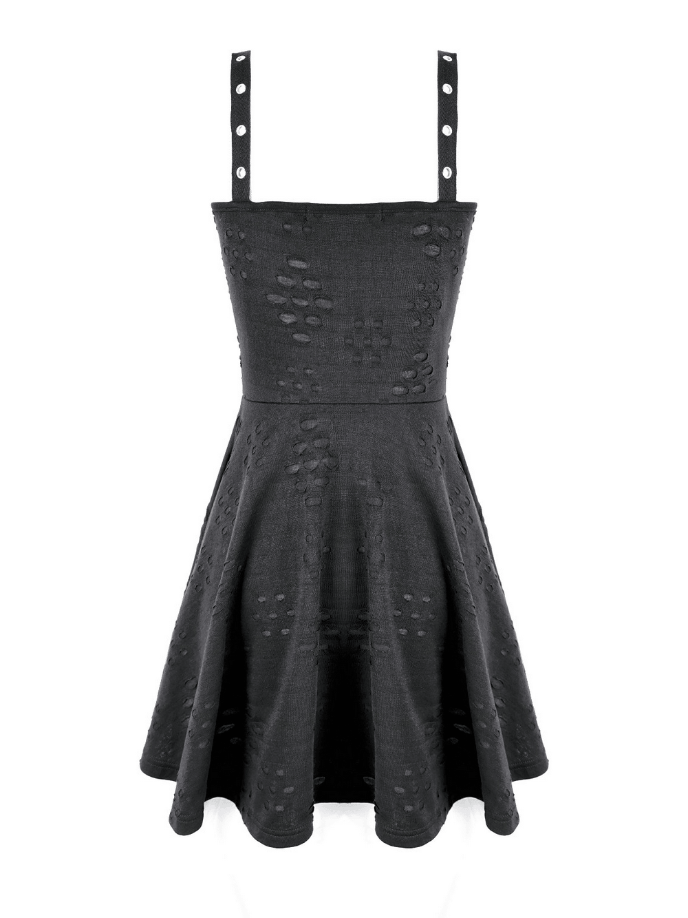 Gothic Distressed Mini Dress with Harness Straps and Rings, punk skater dress with metal eyelets and flared skirt