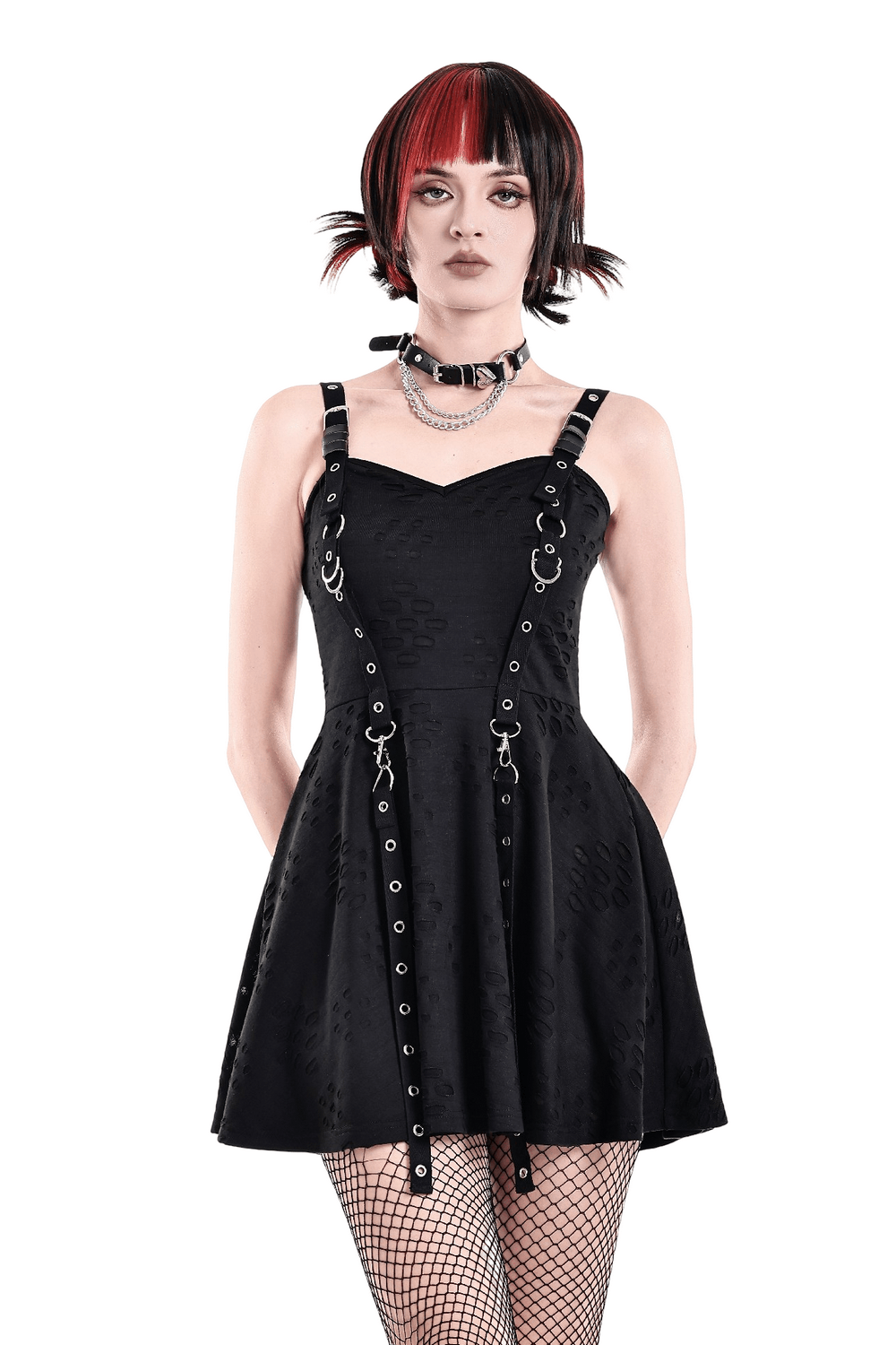 Gothic Distressed Mini Dress with Harness Straps and Rings black skater dress with eyelets, buckles, and cutout detail