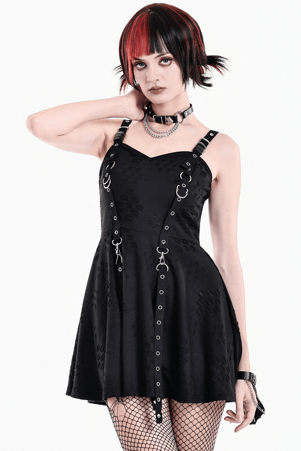 Gothic Distressed Mini Dress with Harness Straps and Rings black punk skater dress with metal eyelets and buckled straps