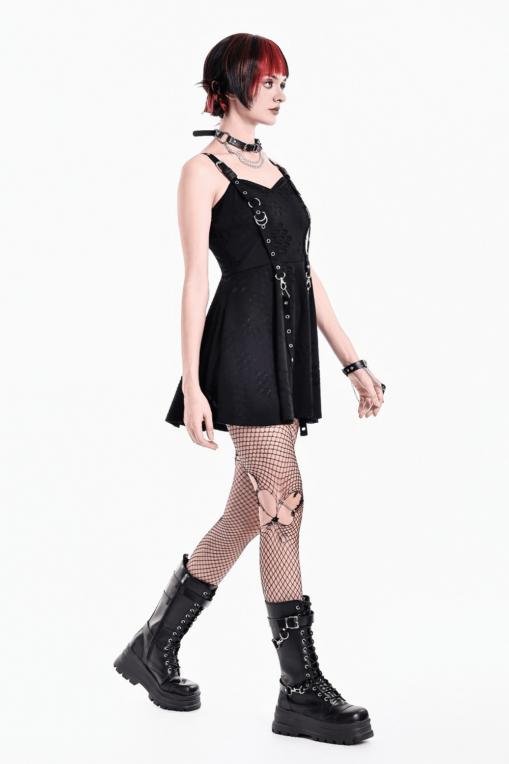 Gothic Distressed Mini Dress with Harness Straps and Rings, punk skater style with metal eyelets and buckled straps
