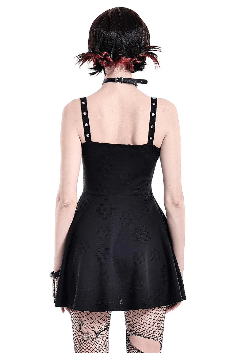 Gothic Distressed Mini Dress with Harness Straps and Rings punk skater dress with metal eyelets