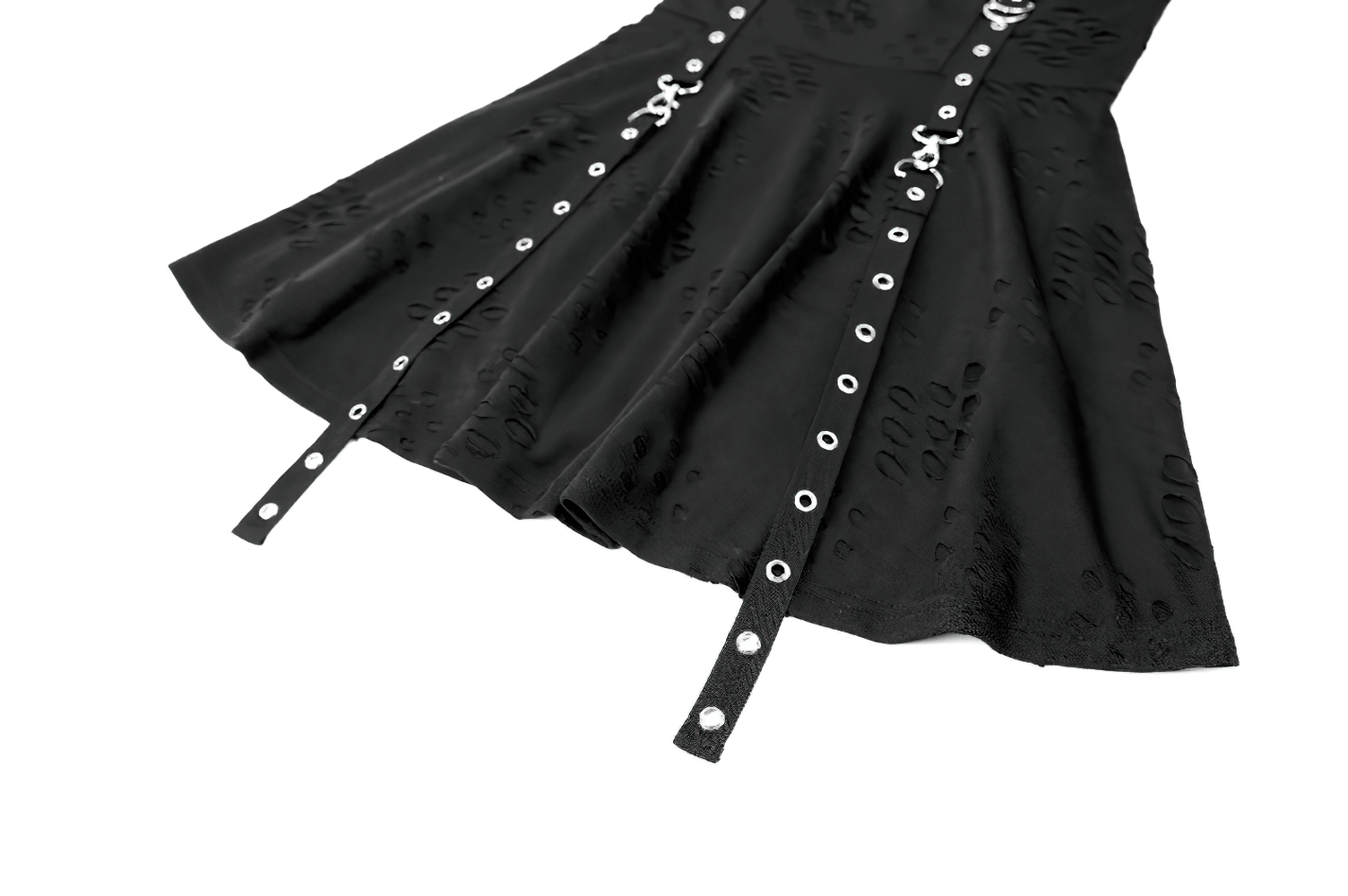Gothic Distressed Mini Dress with Harness Straps and Rings, black punk skater style with metal eyelets