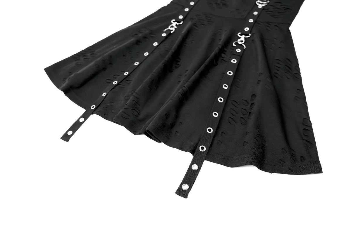 Gothic Distressed Mini Dress with Harness Straps and Rings, black punk skater style with metal eyelets