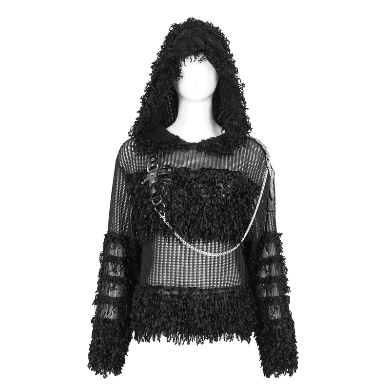 Gothic Distressed Sheer Sweater With Detachable Chain and Hood - HARD'N'HEAVY