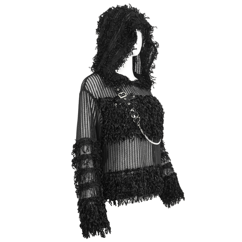 Gothic Distressed Sheer Sweater With Detachable Chain and Hood - HARD'N'HEAVY