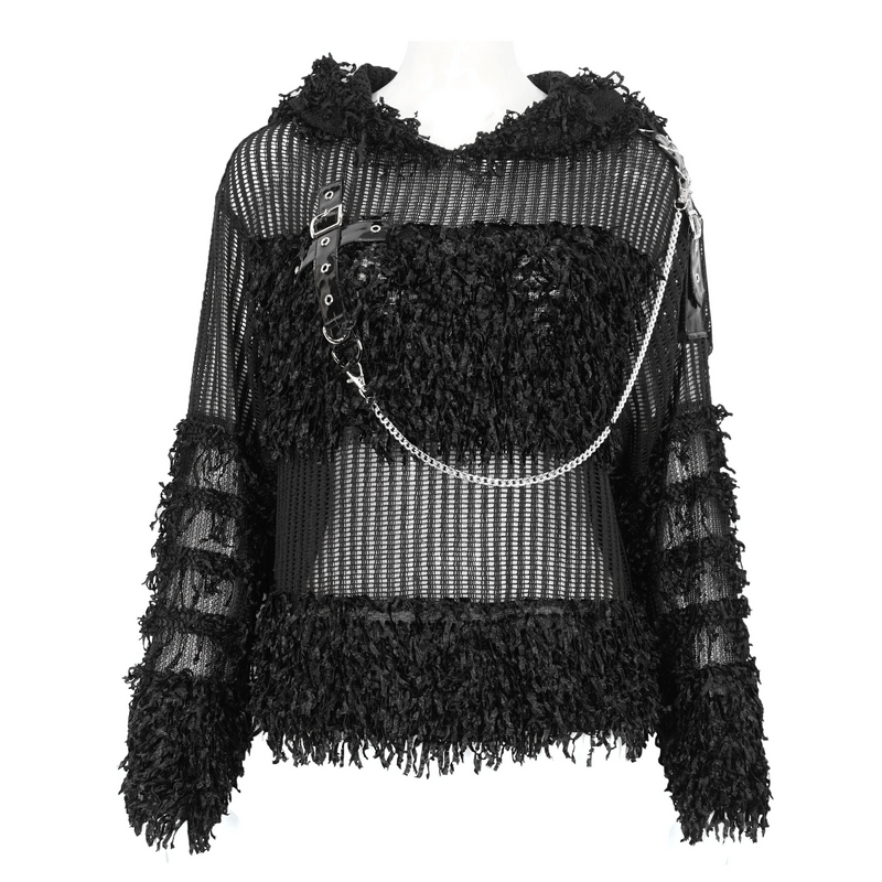 Gothic Distressed Sheer Sweater With Detachable Chain and Hood - HARD'N'HEAVY