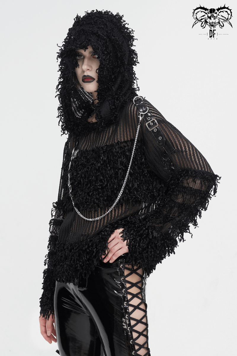 Gothic Distressed Sheer Sweater With Detachable Chain and Hood - HARD'N'HEAVY