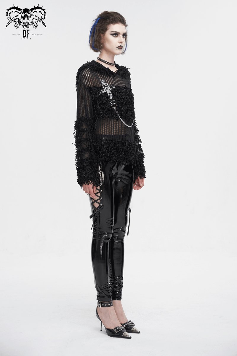 Gothic Distressed Sheer Sweater With Detachable Chain and Hood - HARD'N'HEAVY