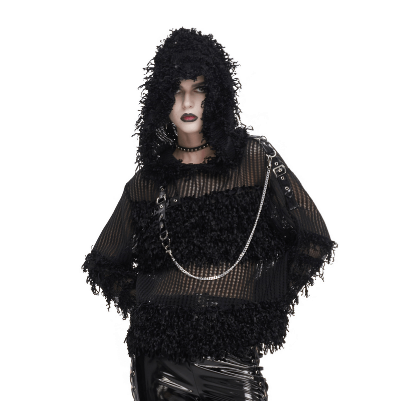 Gothic Distressed Sheer Sweater With Detachable Chain and Hood - HARD'N'HEAVY