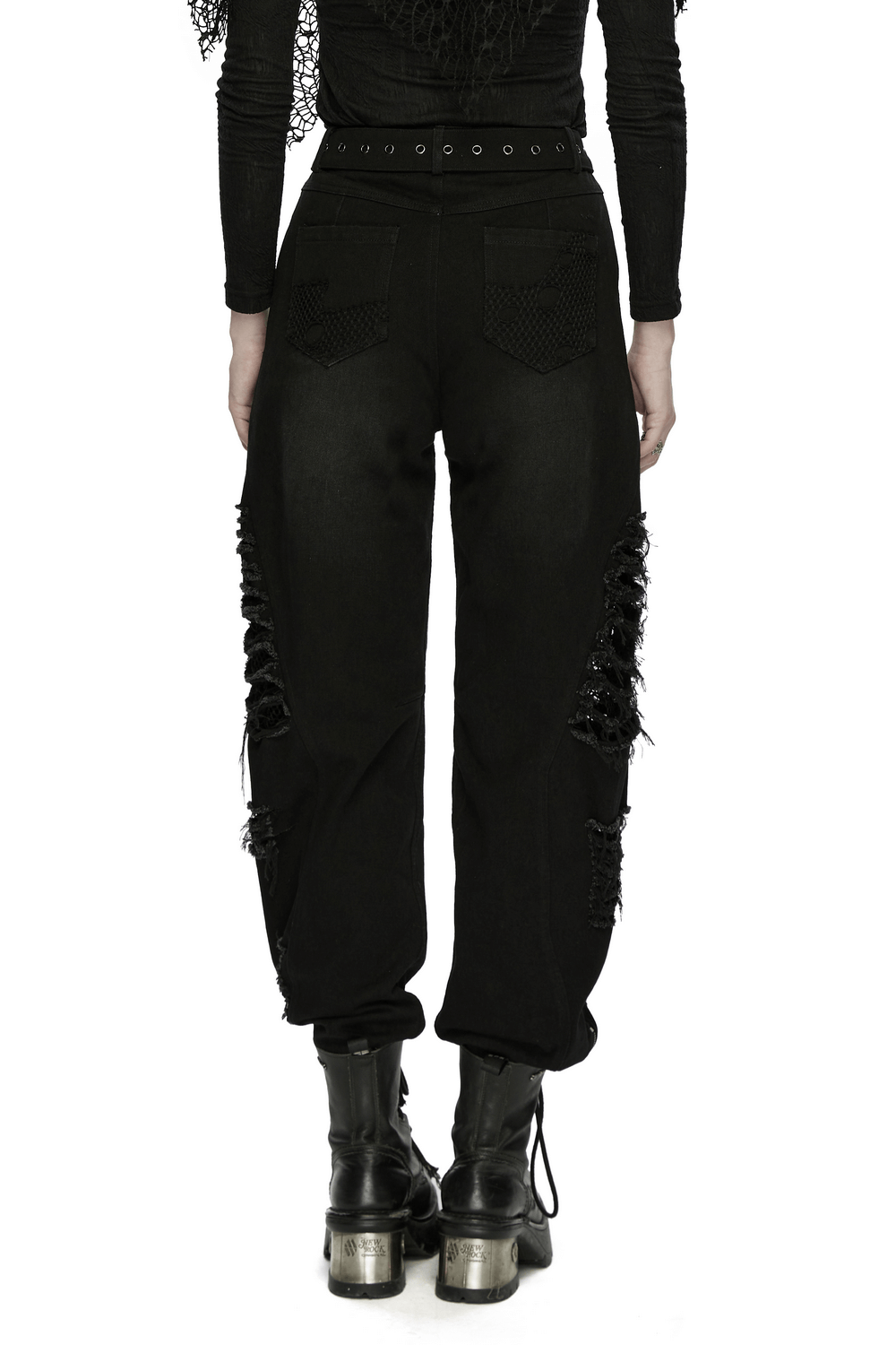 Alt Tag: Back view Gothic Distressed Studded Jeans with Mesh Paneling black punk denim with ripped panels, belt detail, zip-leg silhouette