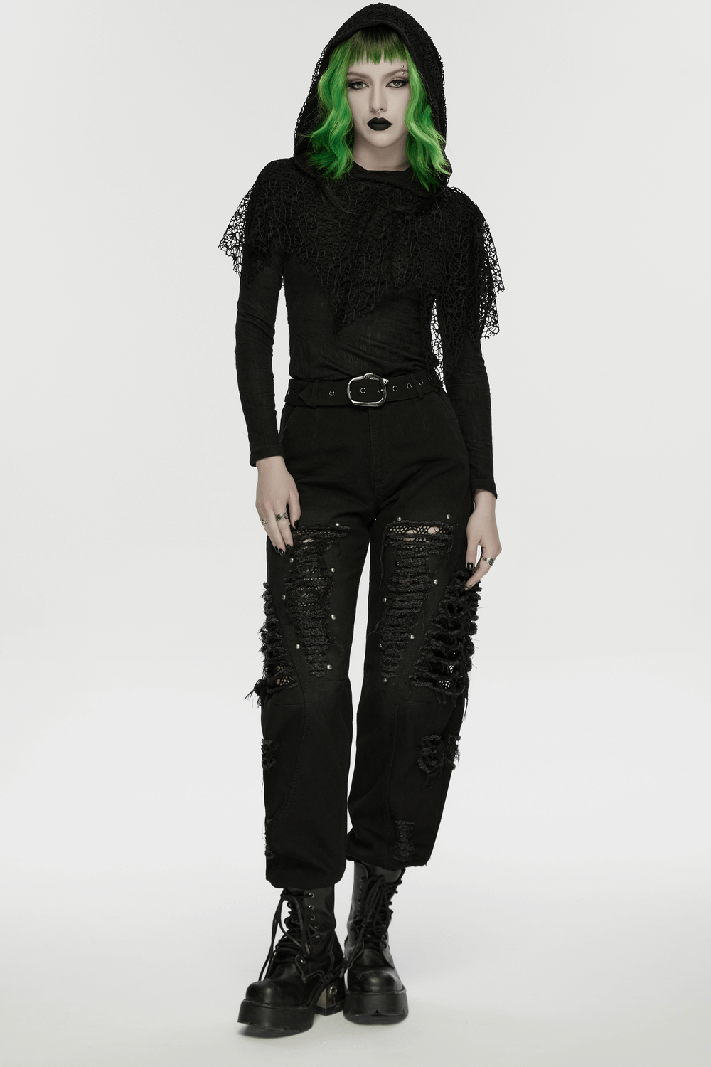 Alt Tag: Gothic Distressed Studded Jeans with Mesh Paneling black ripped punk denim with mesh panels, studs, zip legs, belt detail