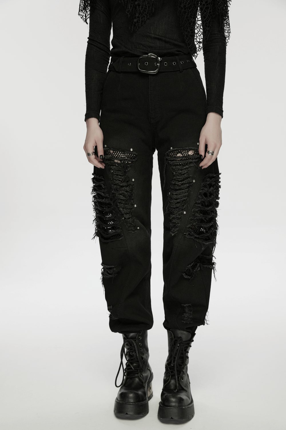Alt Tag: Gothic Distressed Studded Jeans with Mesh Paneling black punk jeans with ripped mesh panels, belt detail, zip legs, and stud accents