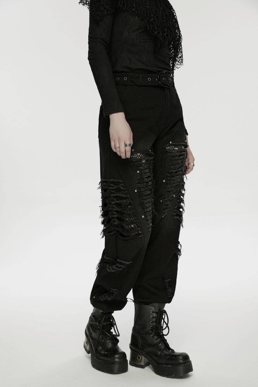 Alt Tag: Gothic Distressed Studded Jeans with Mesh Paneling black punk ripped denim pants with tattered mesh, belt detail, zip legs