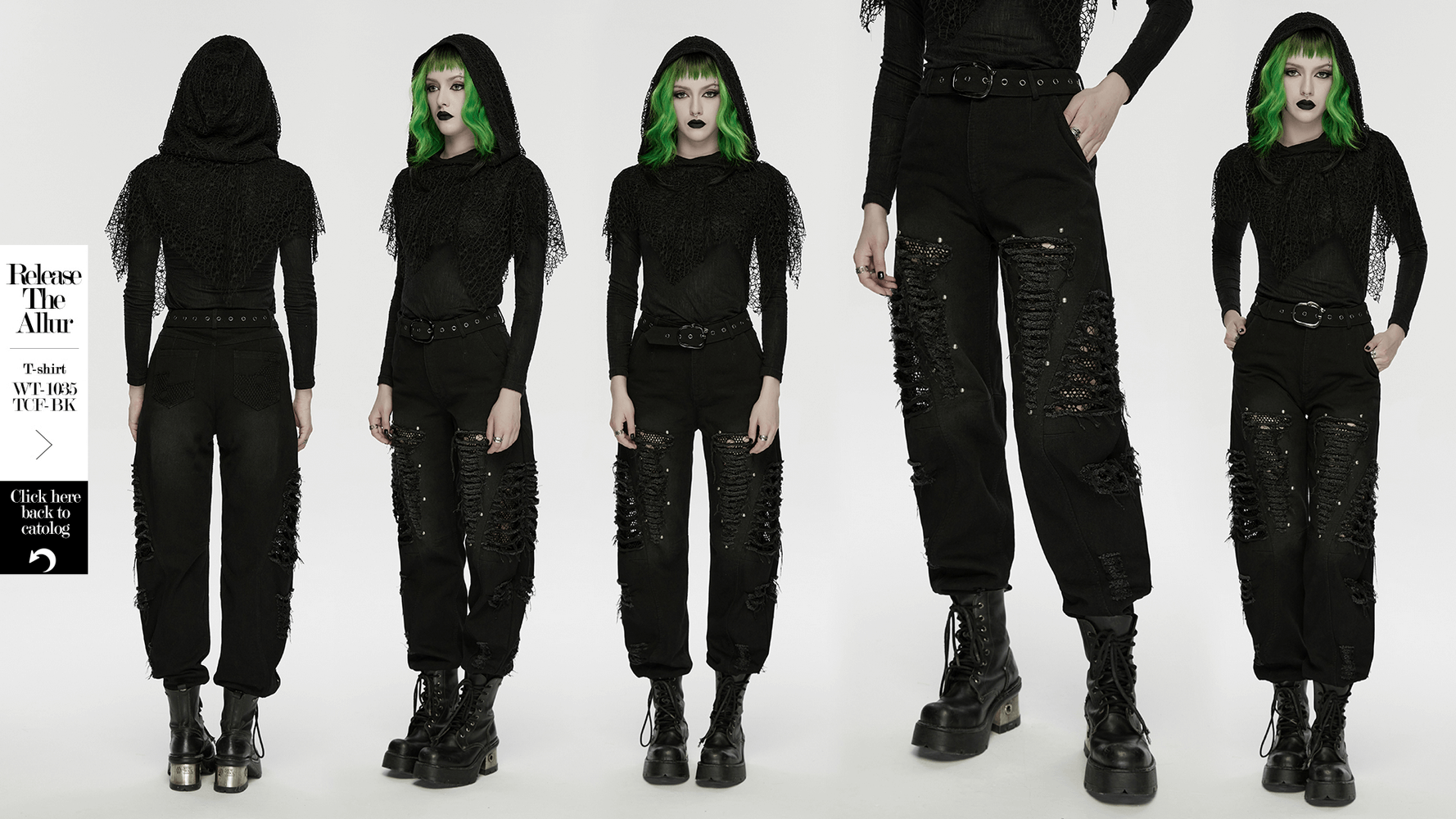 Alt Tag: Gothic Distressed Studded Jeans with Mesh Paneling on model, black ripped punk denim with mesh lining, belt detail and zip-leg openings