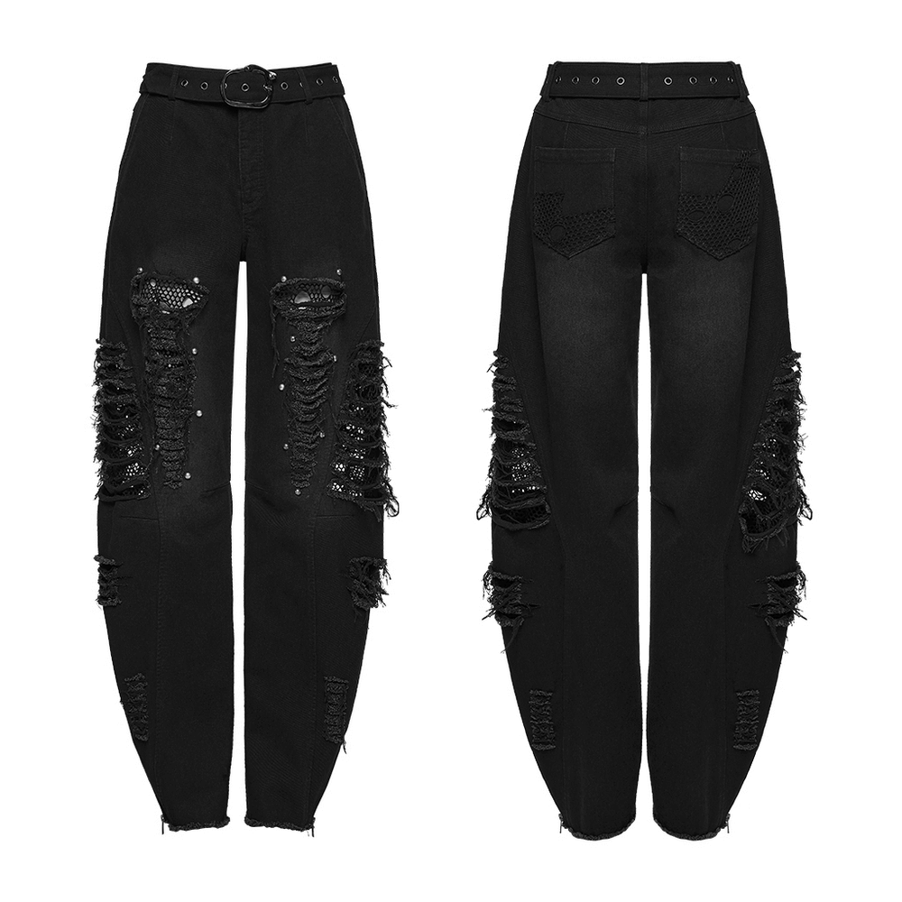 Alt Tag: Gothic Distressed Studded Jeans with Mesh Paneling black punk ripped denim pants front and back view with belt and zip legs