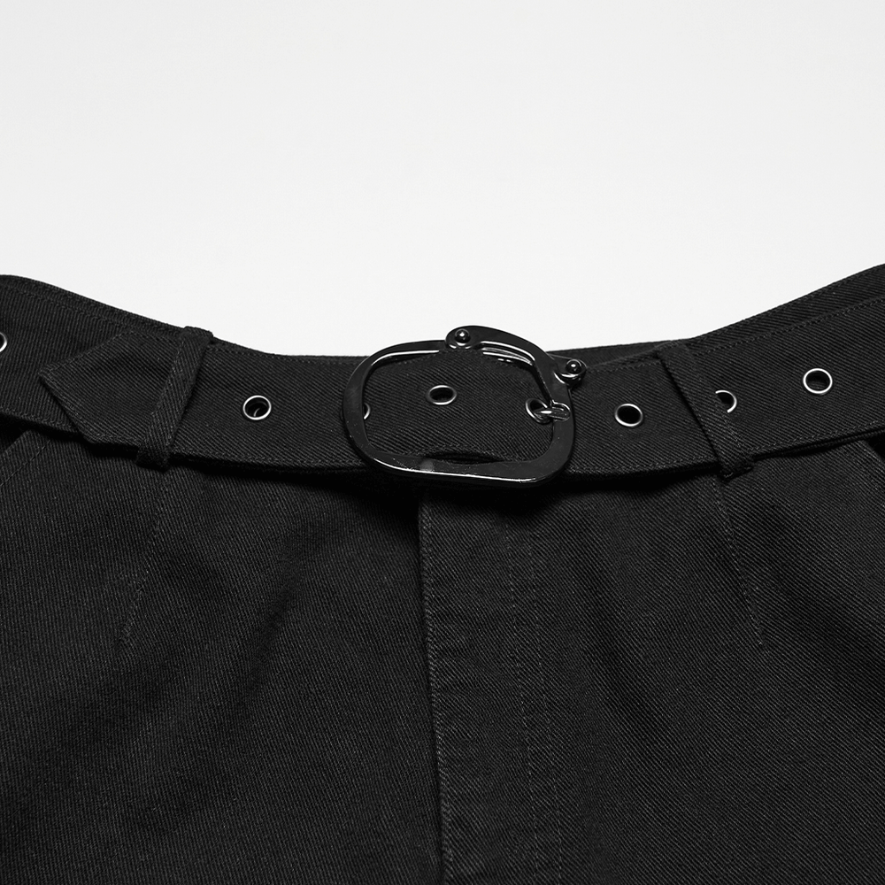 Alt Tag: Gothic Distressed Studded Jeans with Mesh Paneling belt detail close-up, black denim waistband with grommets and buckle