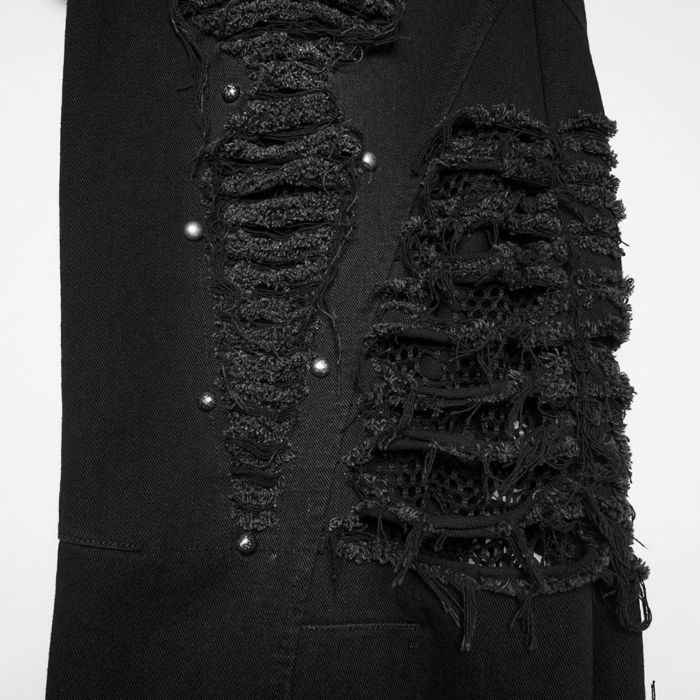 Gothic Distressed Studded Jeans with Mesh Paneling close-up of ripped black denim, tattered mesh lining, and metal studs