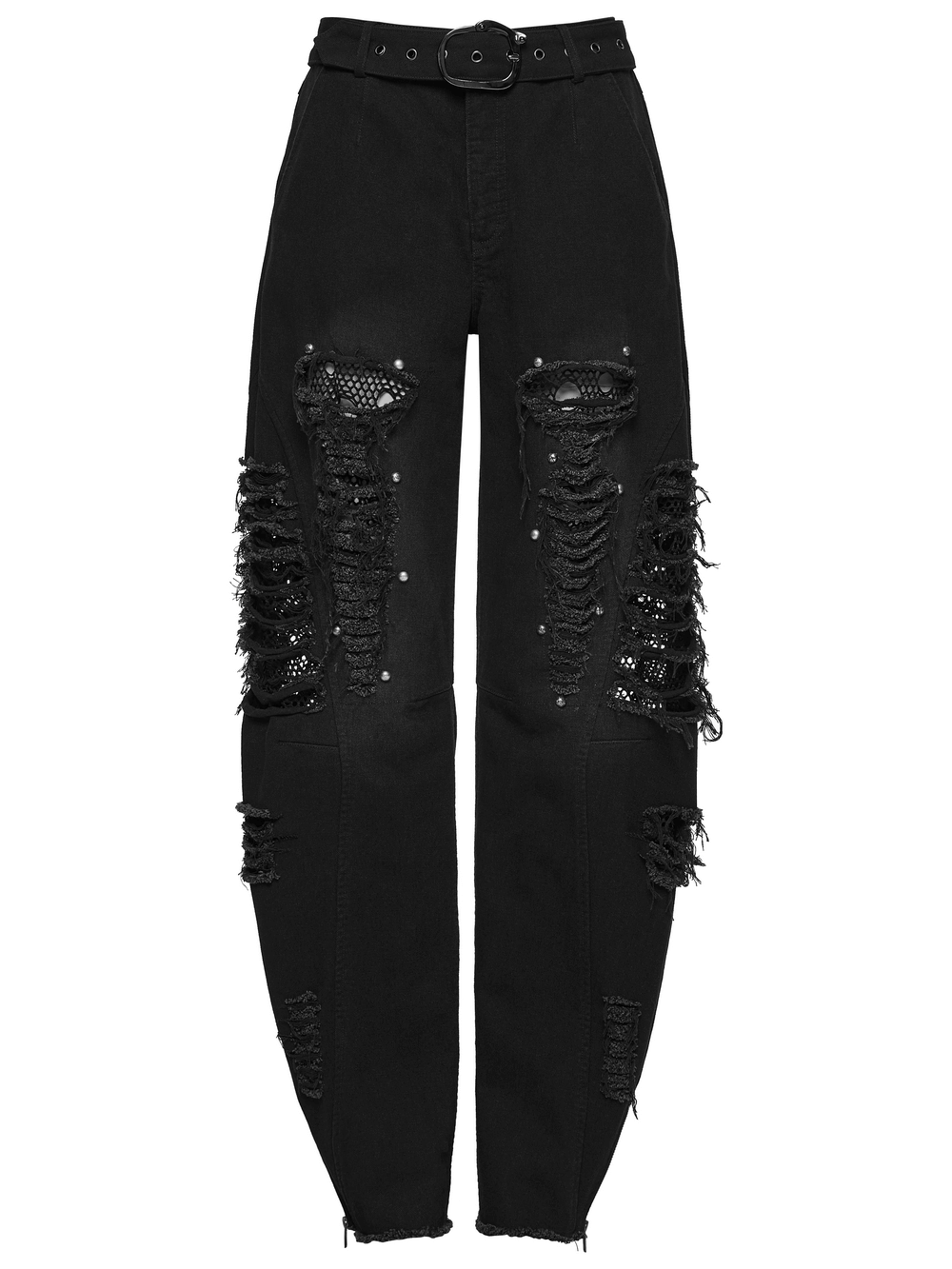 Alt Tag: Gothic Distressed Studded Jeans with Mesh Paneling black punk denim pants with ripped mesh panels, studs, belt detail, zip legs