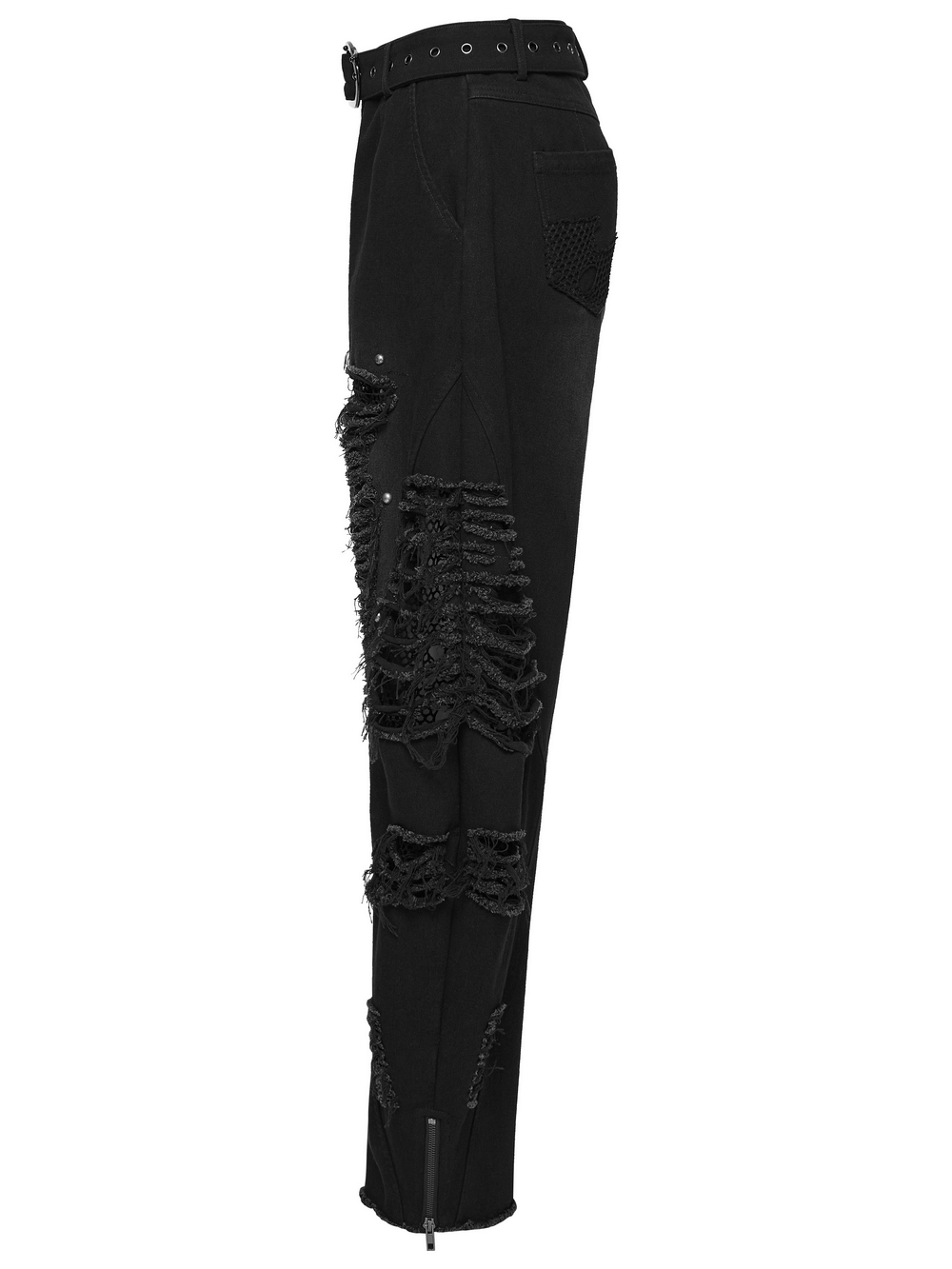 Alt Tag: Gothic Distressed Studded Jeans with Mesh Paneling black punk denim pants with ripped mesh panels, studs, belt detail, zip legs