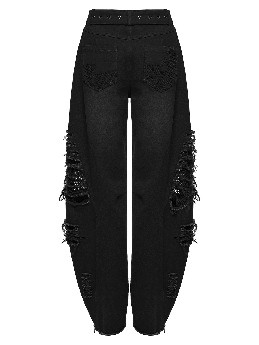 Alt Tag: Gothic Distressed Studded Jeans with Mesh Paneling black punk denim pants with ripped distressing, mesh panels and belt detail