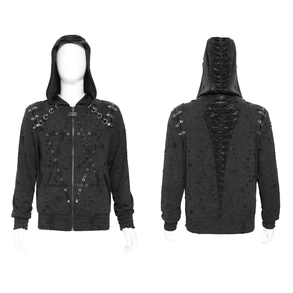 Gothic Distressed Zip Jacket with Rings and Spiked Back featuring lace panel and metal eyelets